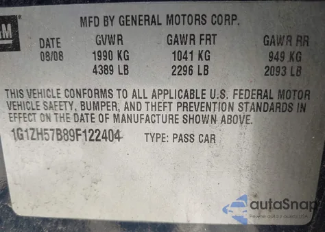 2009 Chevrolet Malibu Lt из США, поврежденный, VIN 1G1ZH57B89F122404